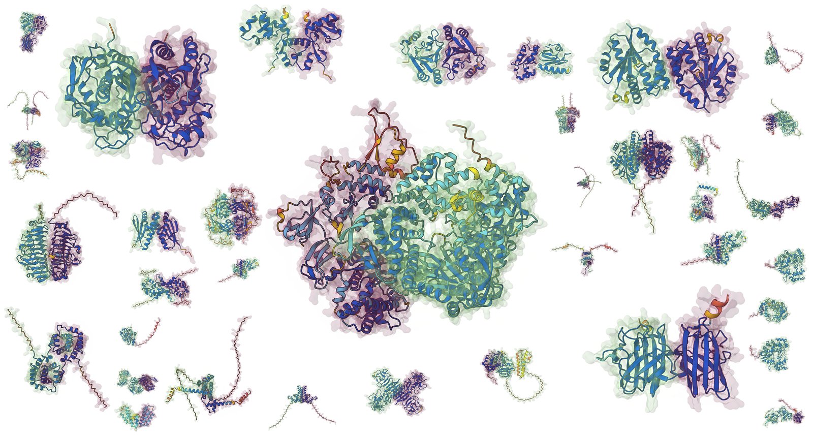 Collage of predicted viral protein complex structures coloured by AlphaFold confidence
